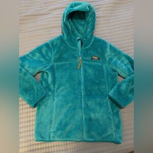 LL Bean Hi-Pile Fleece Hooded Jacket Youth Girls Turquoise Blue Zip Warm Large
